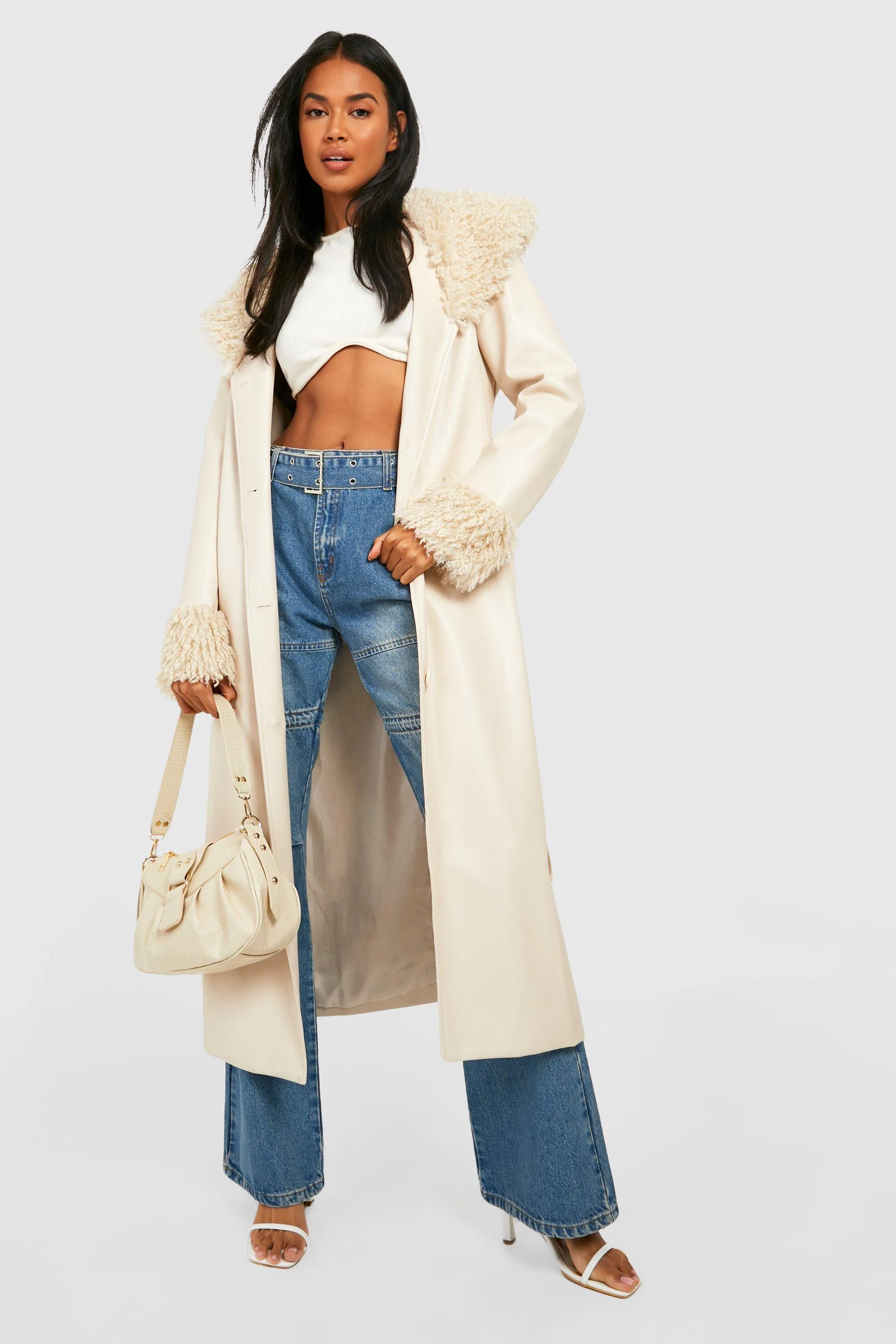 Faux Fur Trim Pu Belted Coat