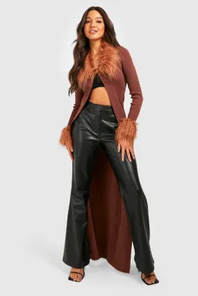 Faux Fur Trim Rib Knit Maxi Cardigan