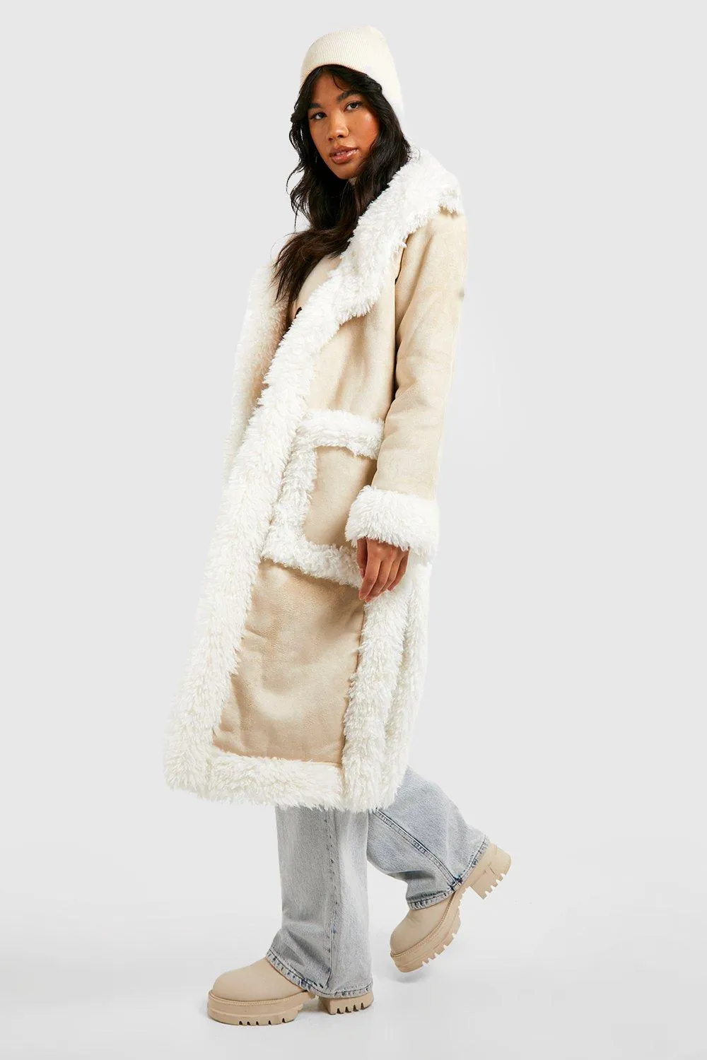 Faux Fur Trim Suedette Coat