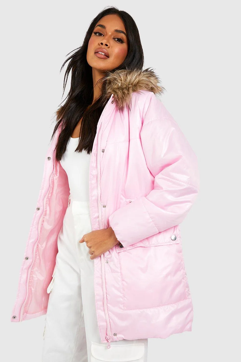 Faux Fur Trim Synch Waist Parka