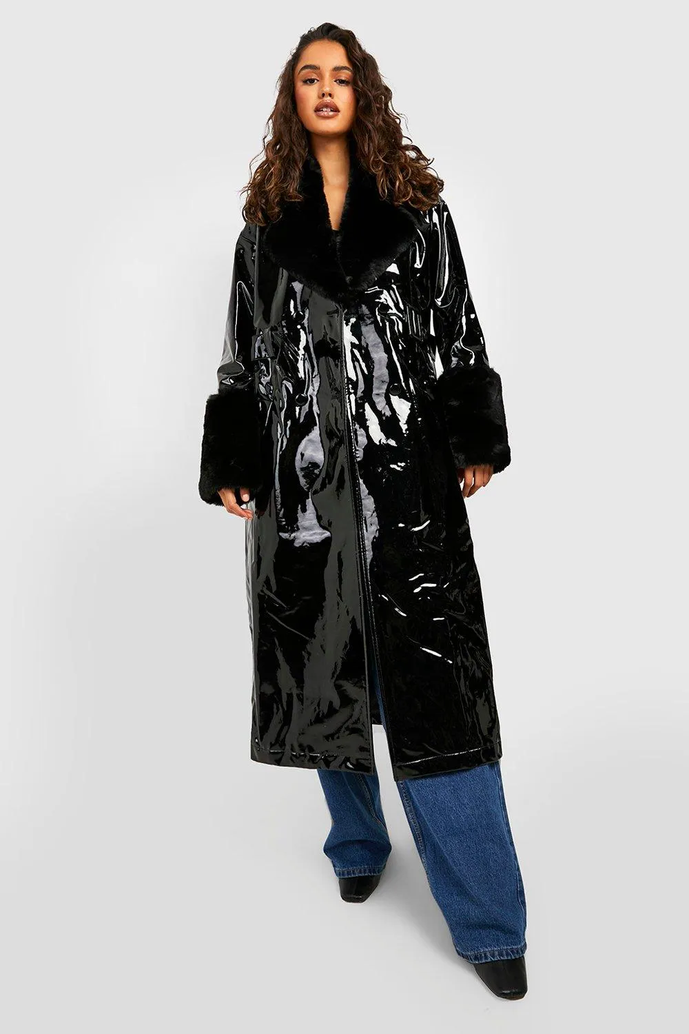 Faux Fur Trim Vinyl Jacket