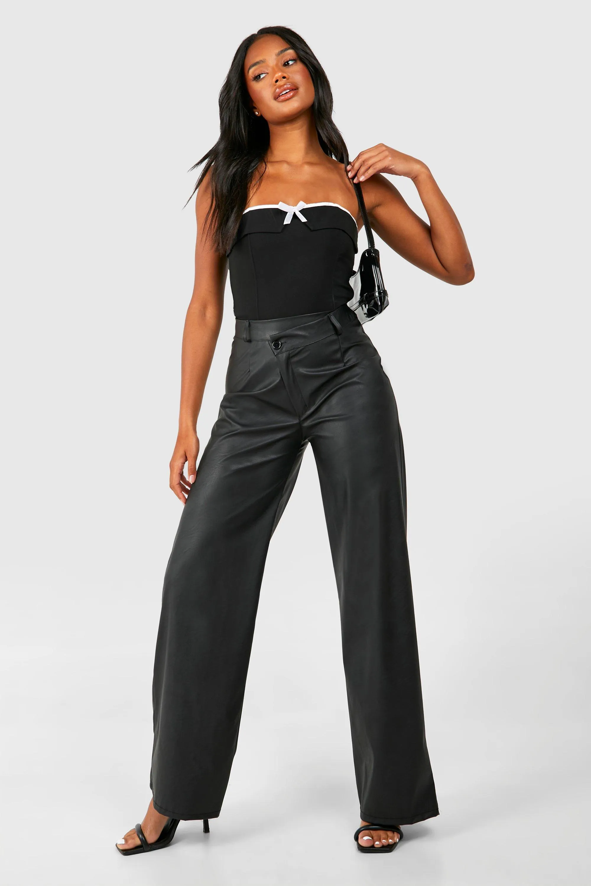 Faux Leather Asymmetric Hem Straight Leg Pants