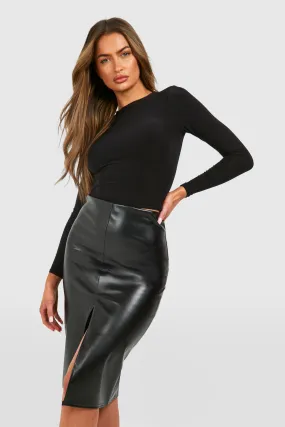 Faux Leather Split Midi Skirt