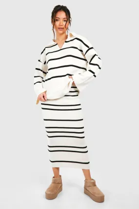 Fine Gauge Stripe Collaed Sweater And Skirt Knitted Set