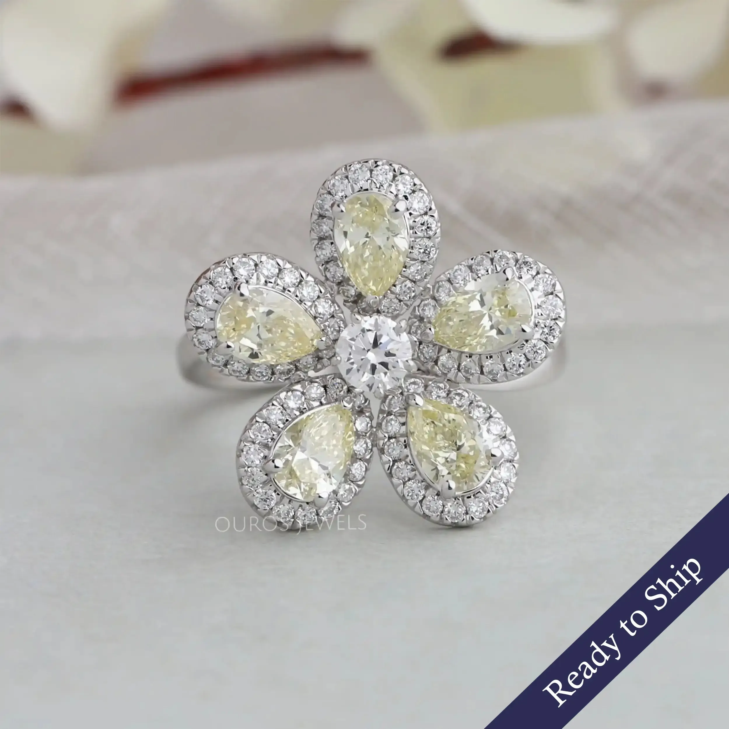 Floral Style Yellow Pear Diamond Ring