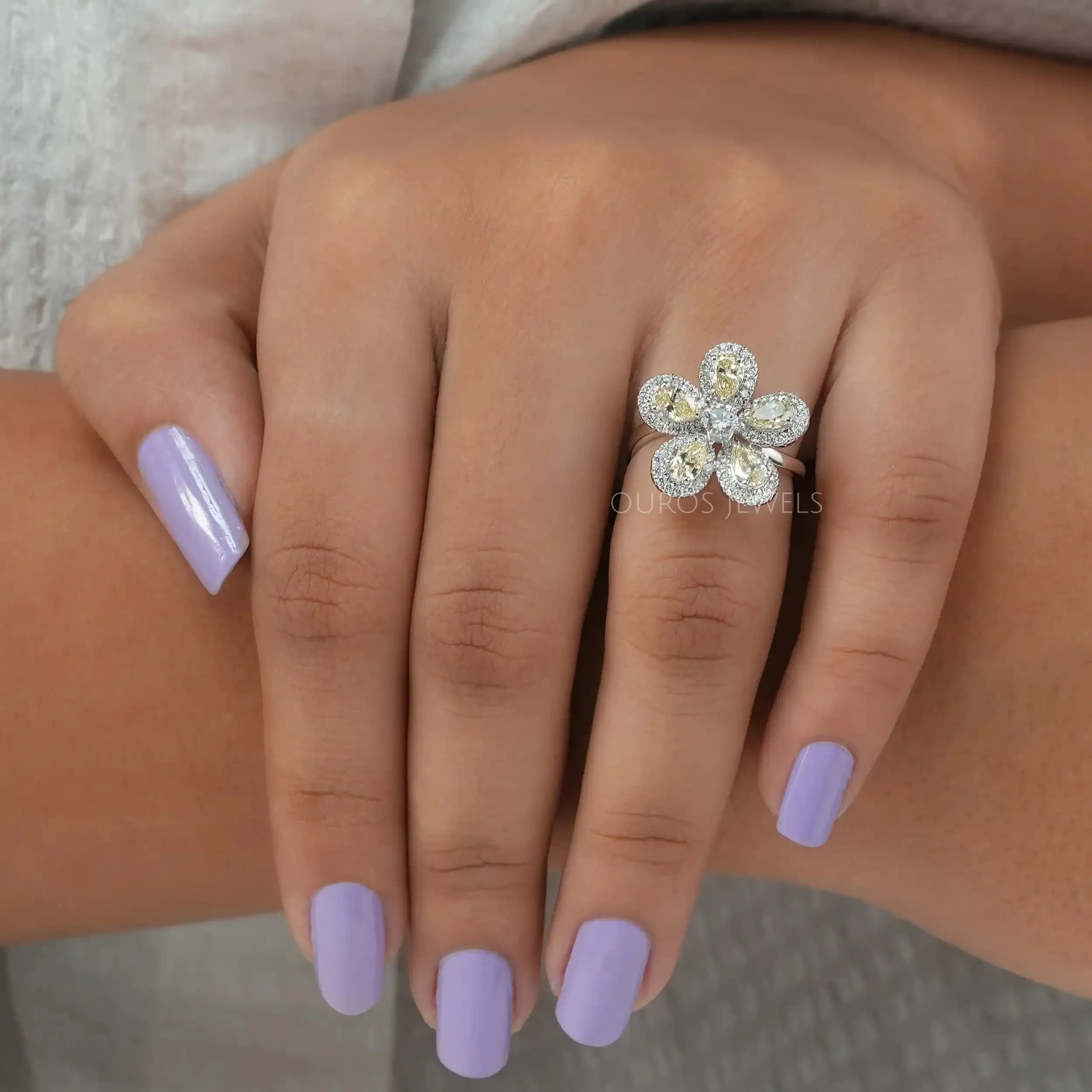 Floral Style Yellow Pear Diamond Ring