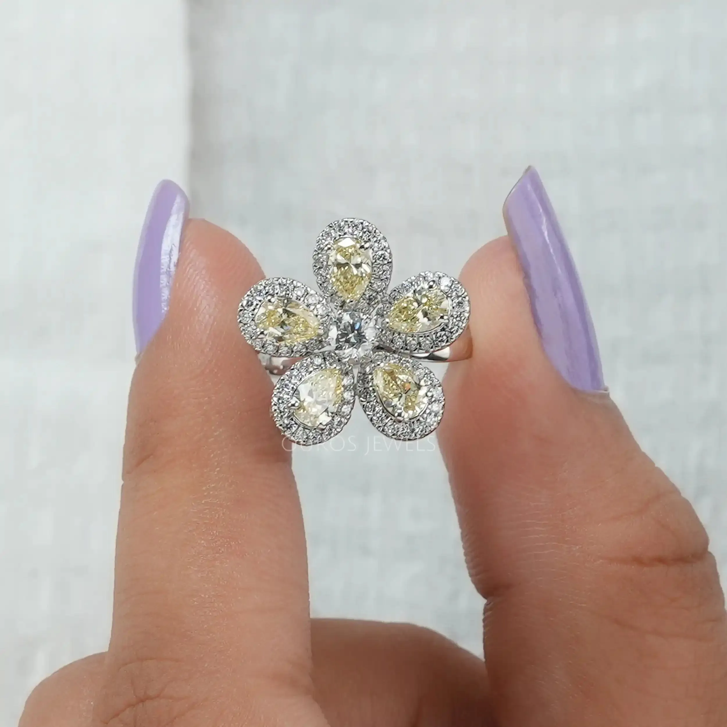 Floral Style Yellow Pear Diamond Ring