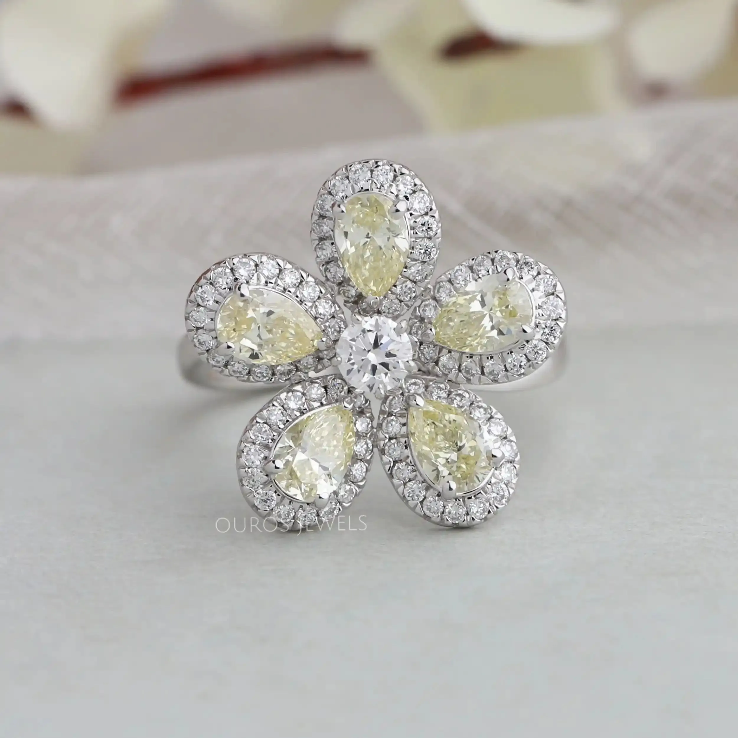 Floral Style Yellow Pear Diamond Ring