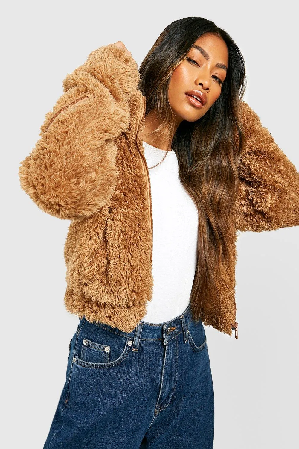 Funnel Neck Teddy Faux Fur Coat