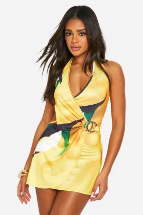 Gold Trim Printed Plunge Slinky Bodycon Dress