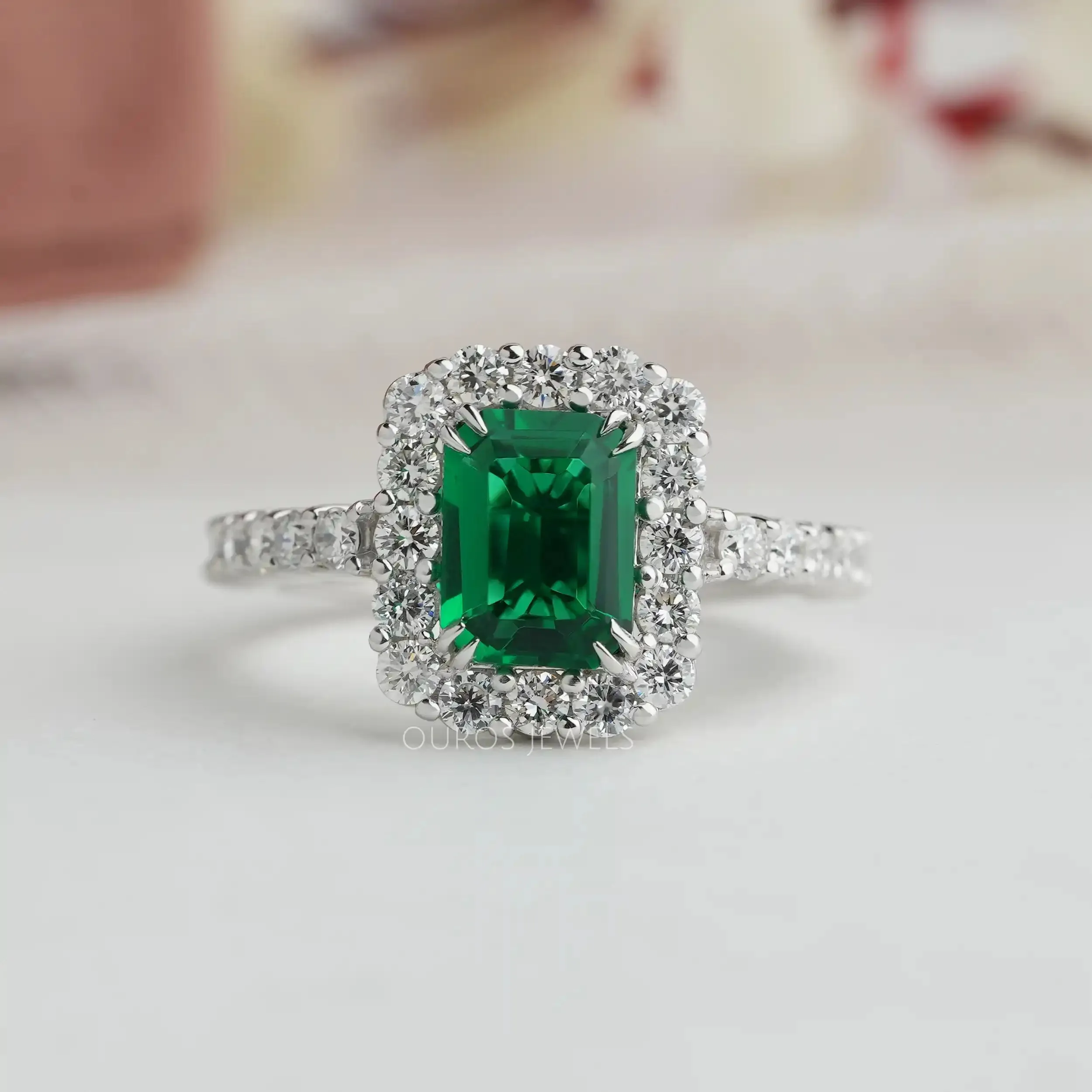 Green Emerald Cut Halo Lab Diamond Engagement Ring