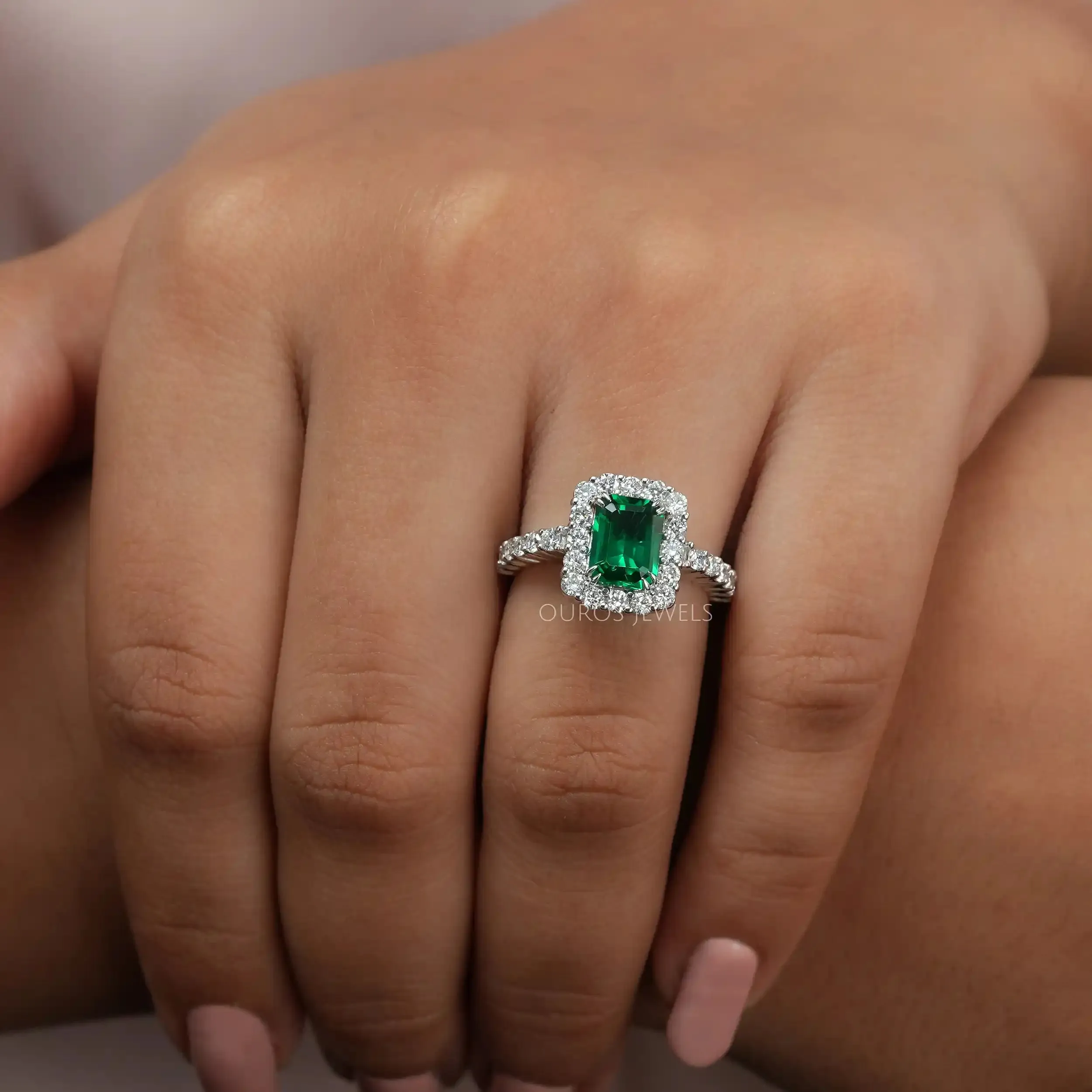 Green Emerald Cut Halo Lab Diamond Engagement Ring