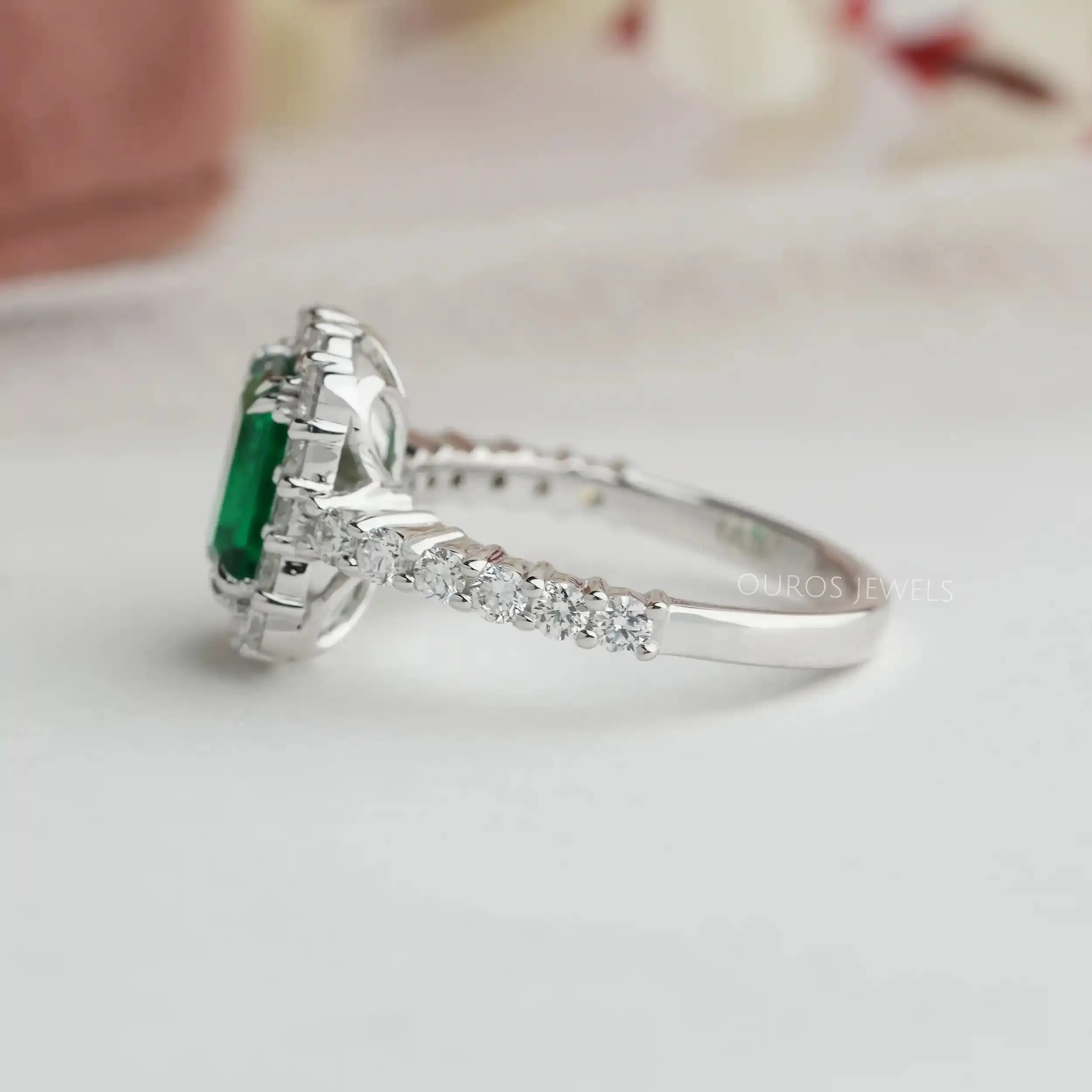 Green Emerald Cut Halo Lab Diamond Engagement Ring