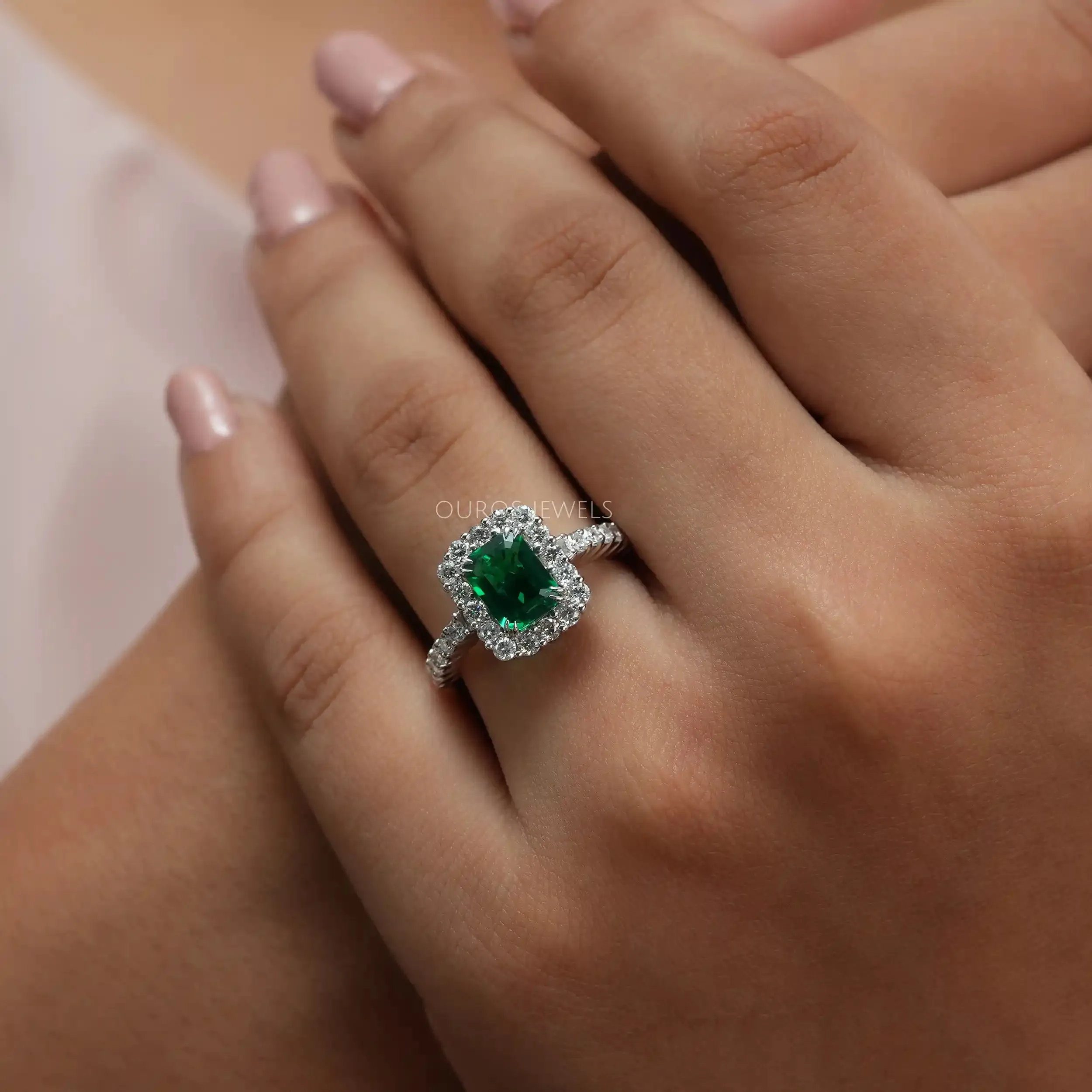 Green Emerald Cut Halo Lab Diamond Engagement Ring