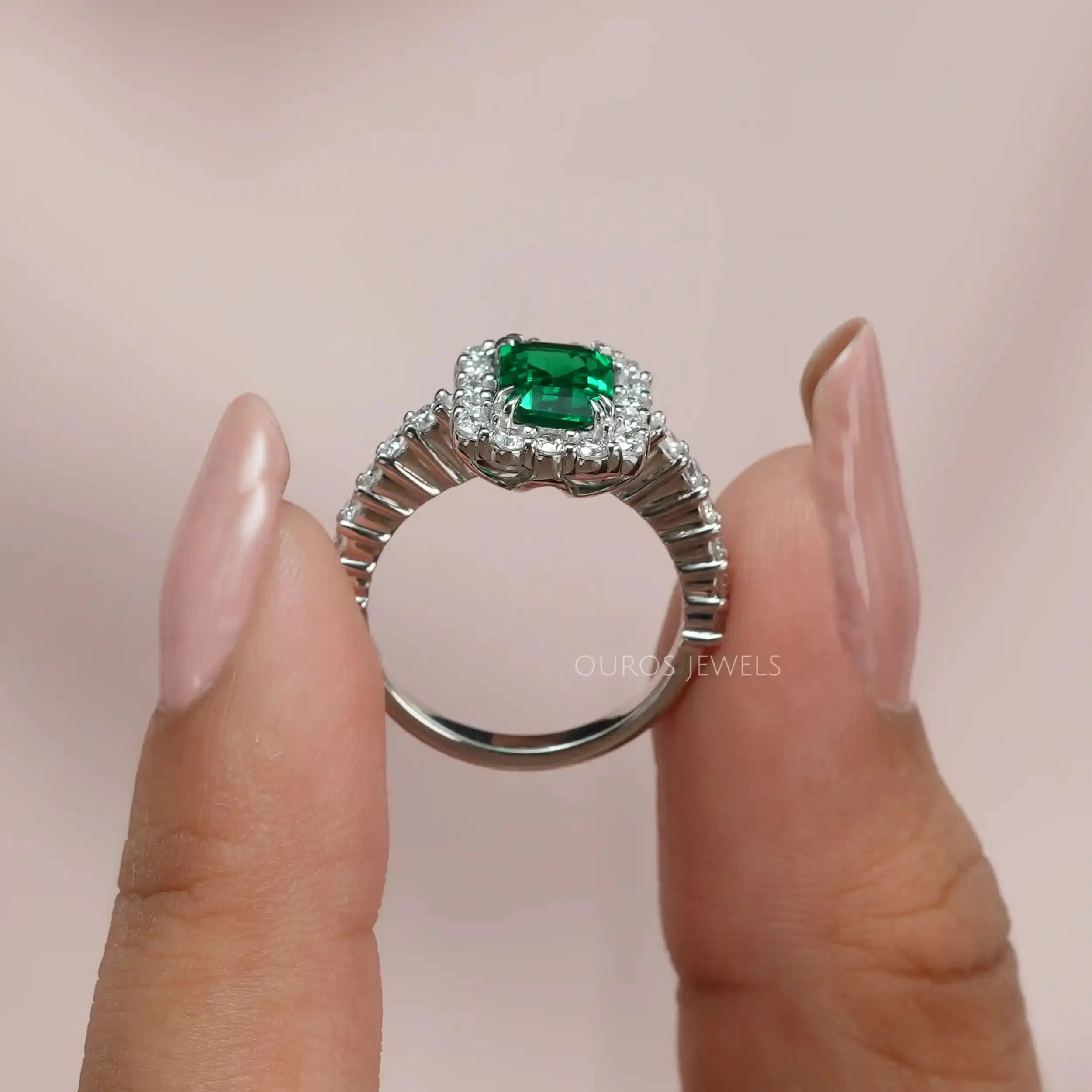 Green Emerald Cut Halo Lab Diamond Engagement Ring