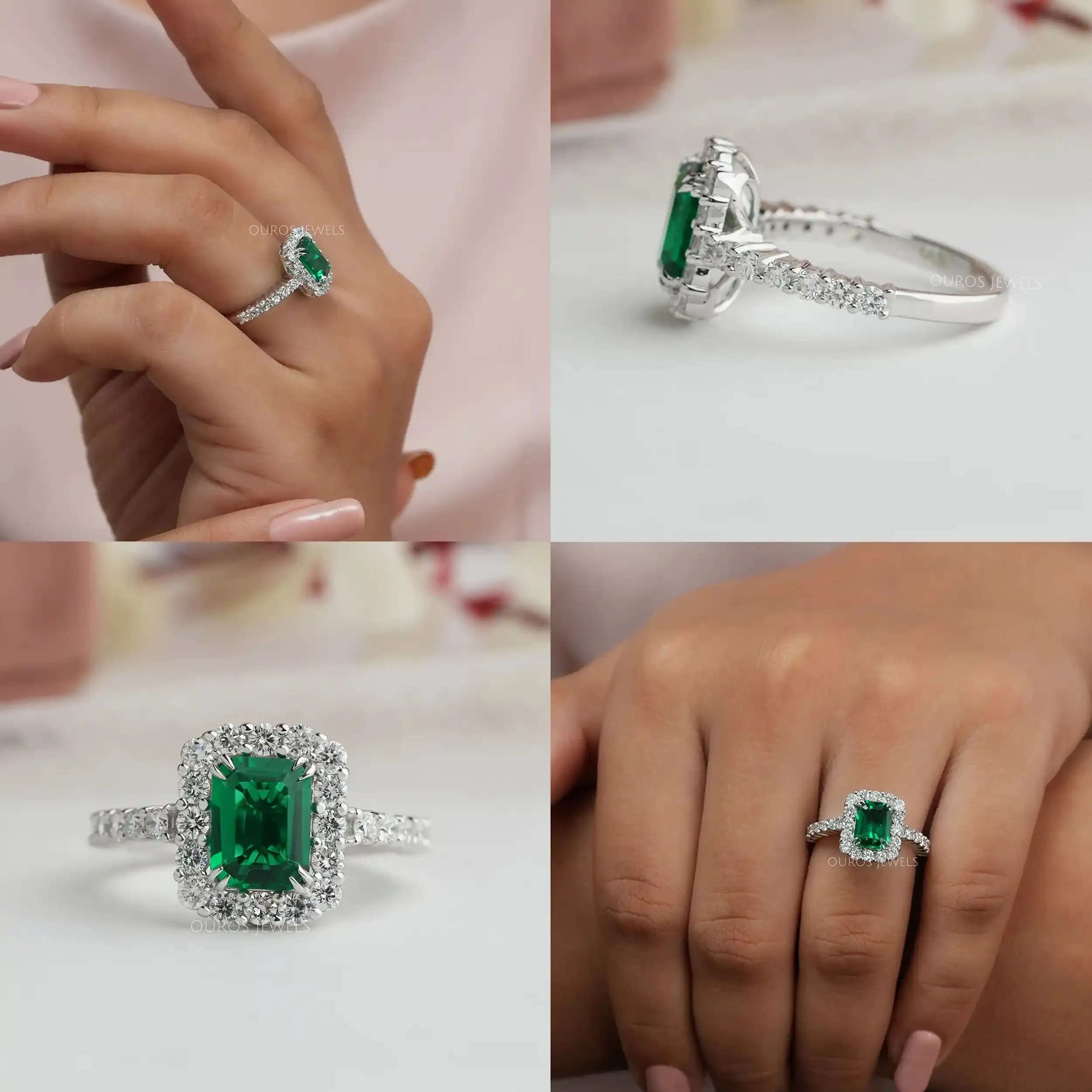 Green Emerald Cut Halo Lab Diamond Engagement Ring