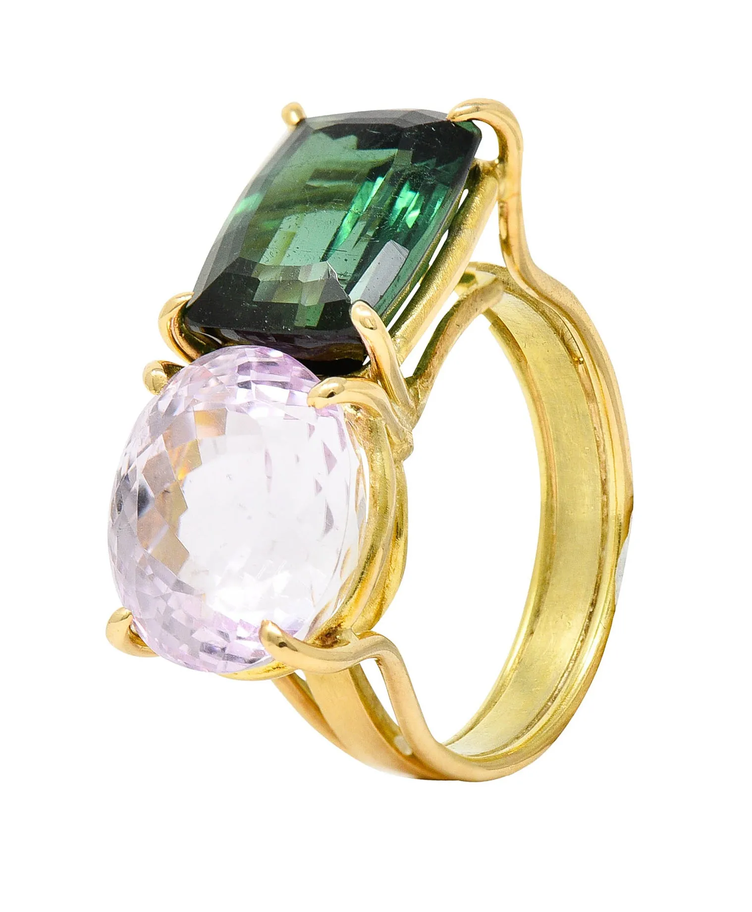 Green Tourmaline Kunzite 14 Karat Gold Double Gemstone Ring