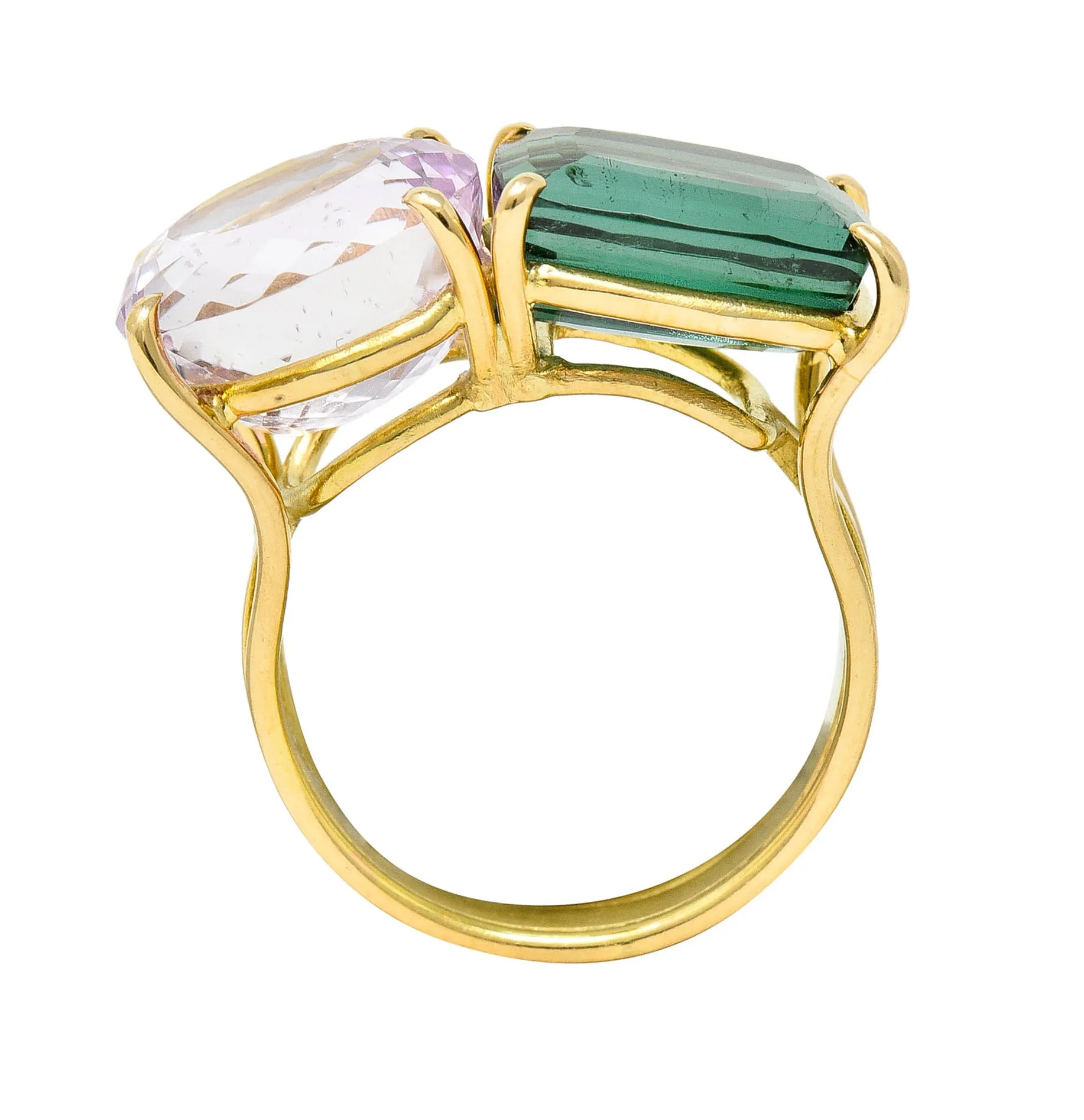 Green Tourmaline Kunzite 14 Karat Gold Double Gemstone Ring