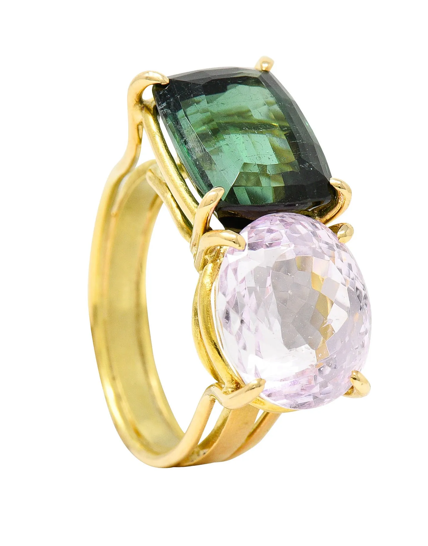 Green Tourmaline Kunzite 14 Karat Gold Double Gemstone Ring