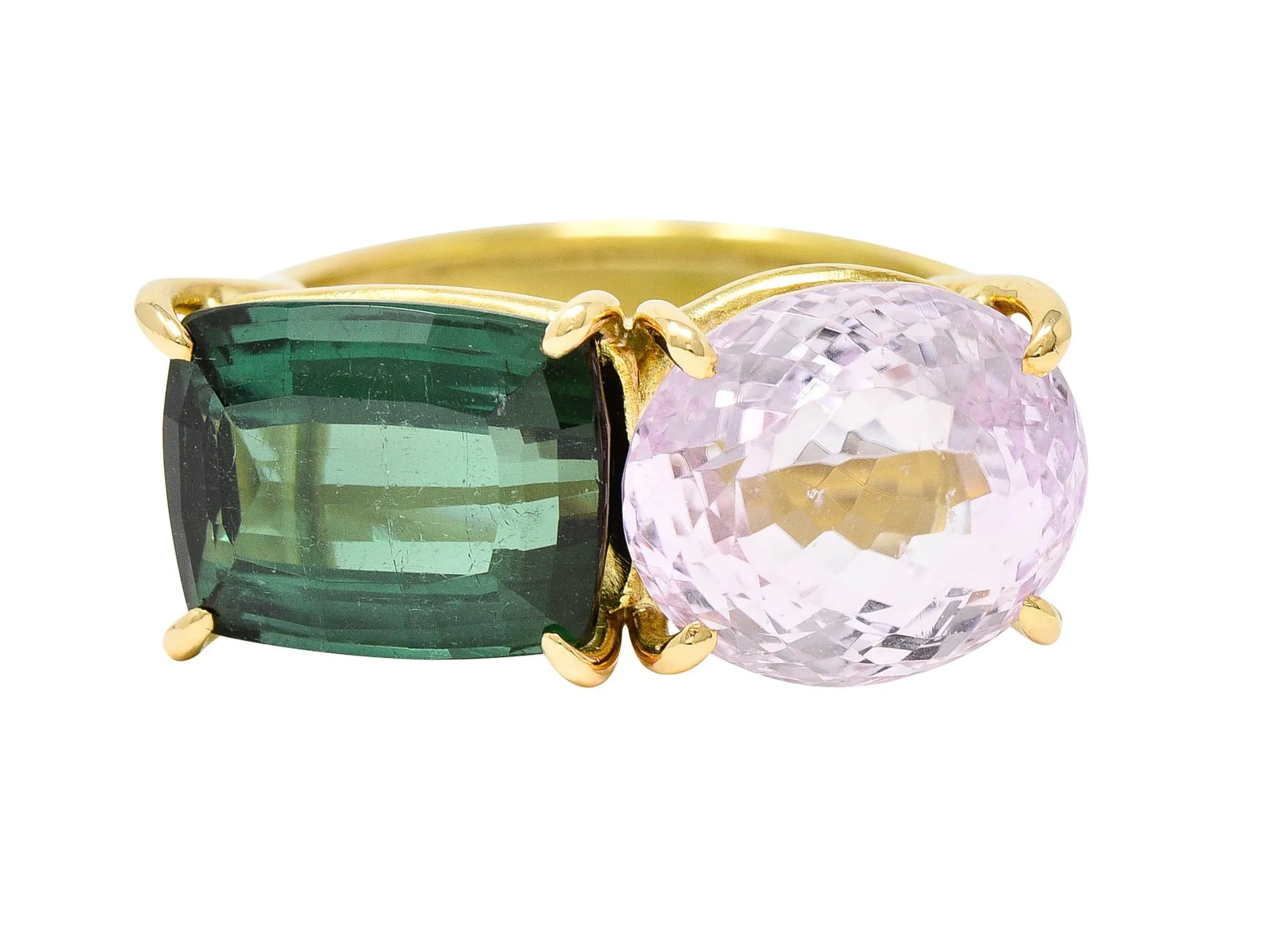 Green Tourmaline Kunzite 14 Karat Gold Double Gemstone Ring