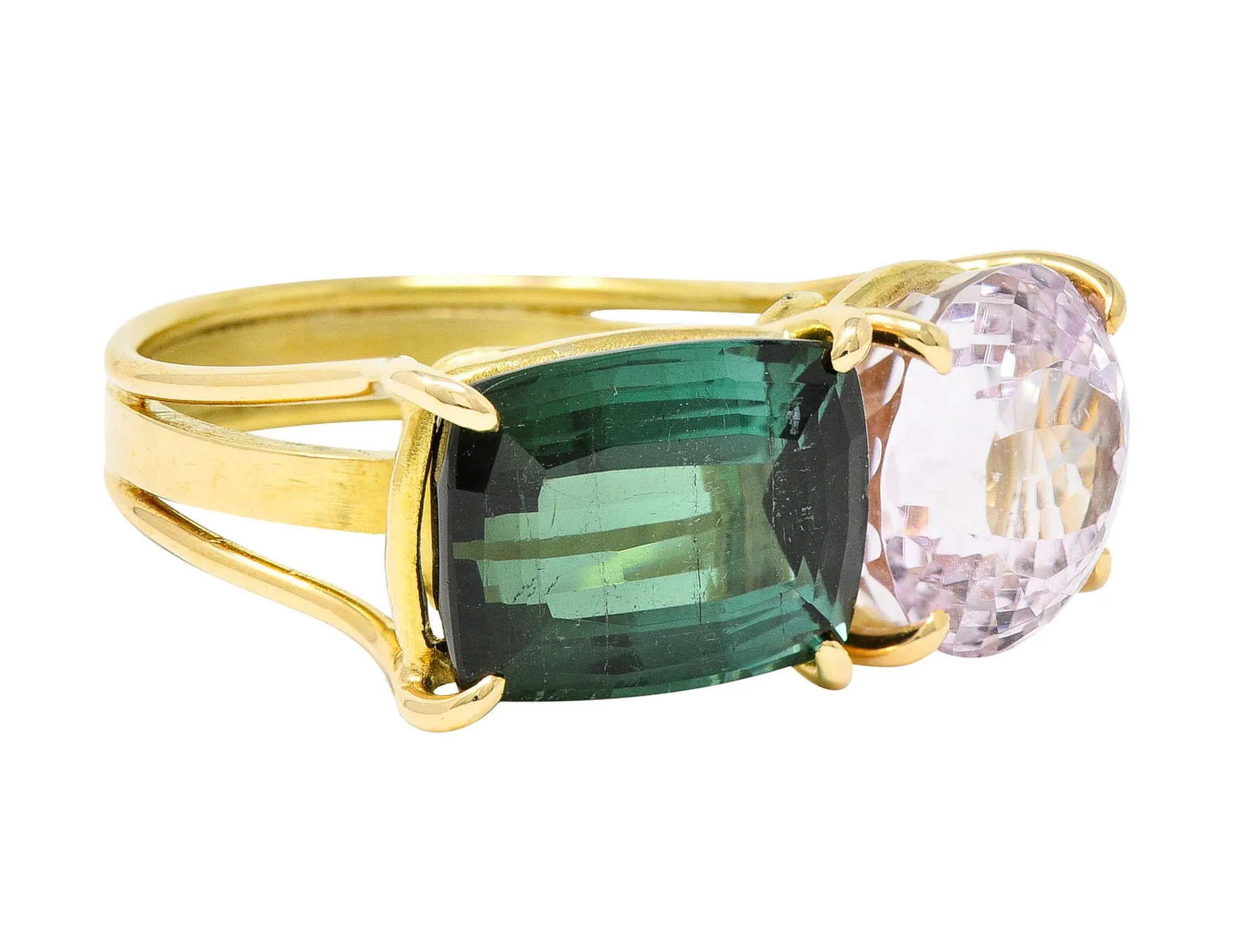 Green Tourmaline Kunzite 14 Karat Gold Double Gemstone Ring