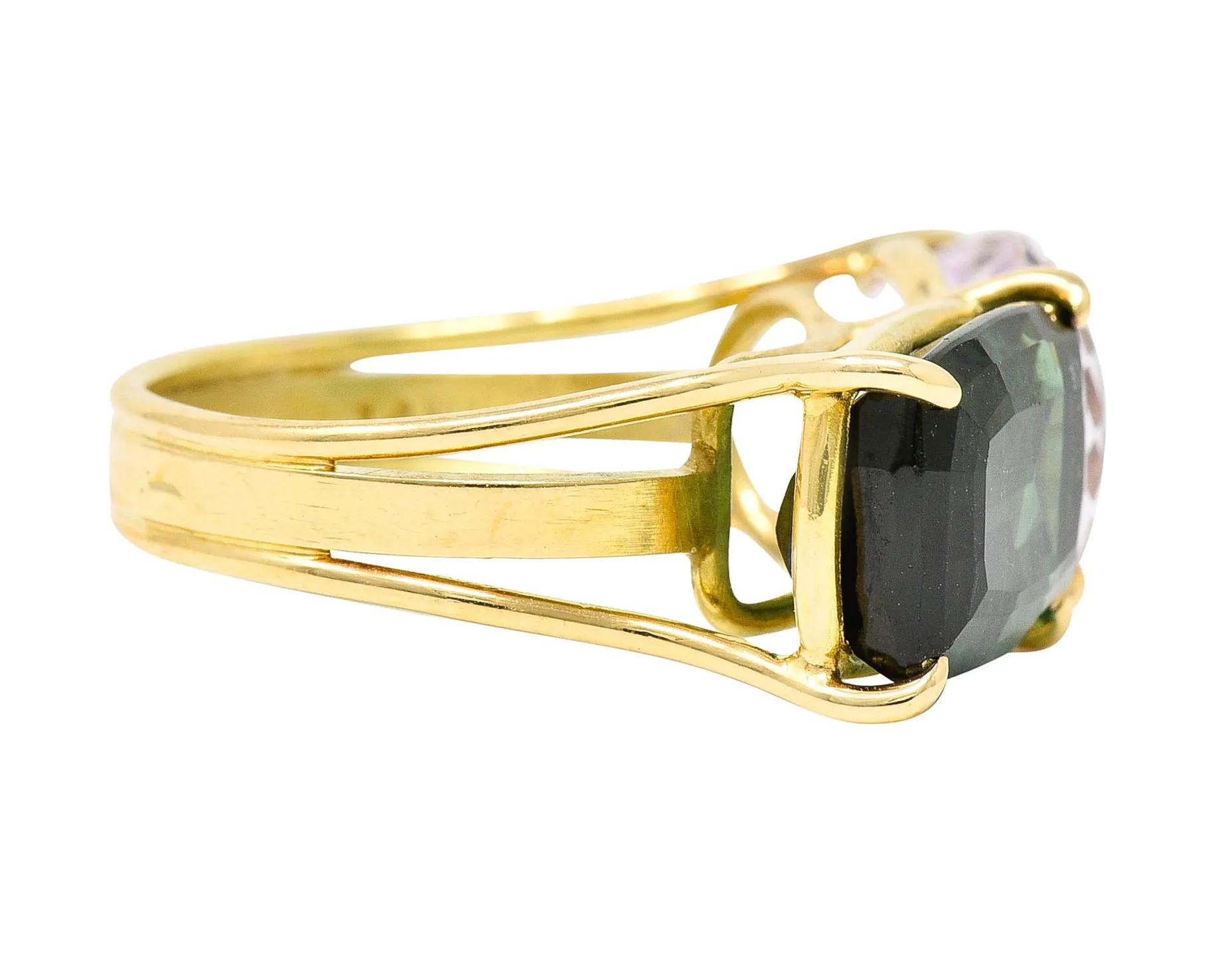 Green Tourmaline Kunzite 14 Karat Gold Double Gemstone Ring