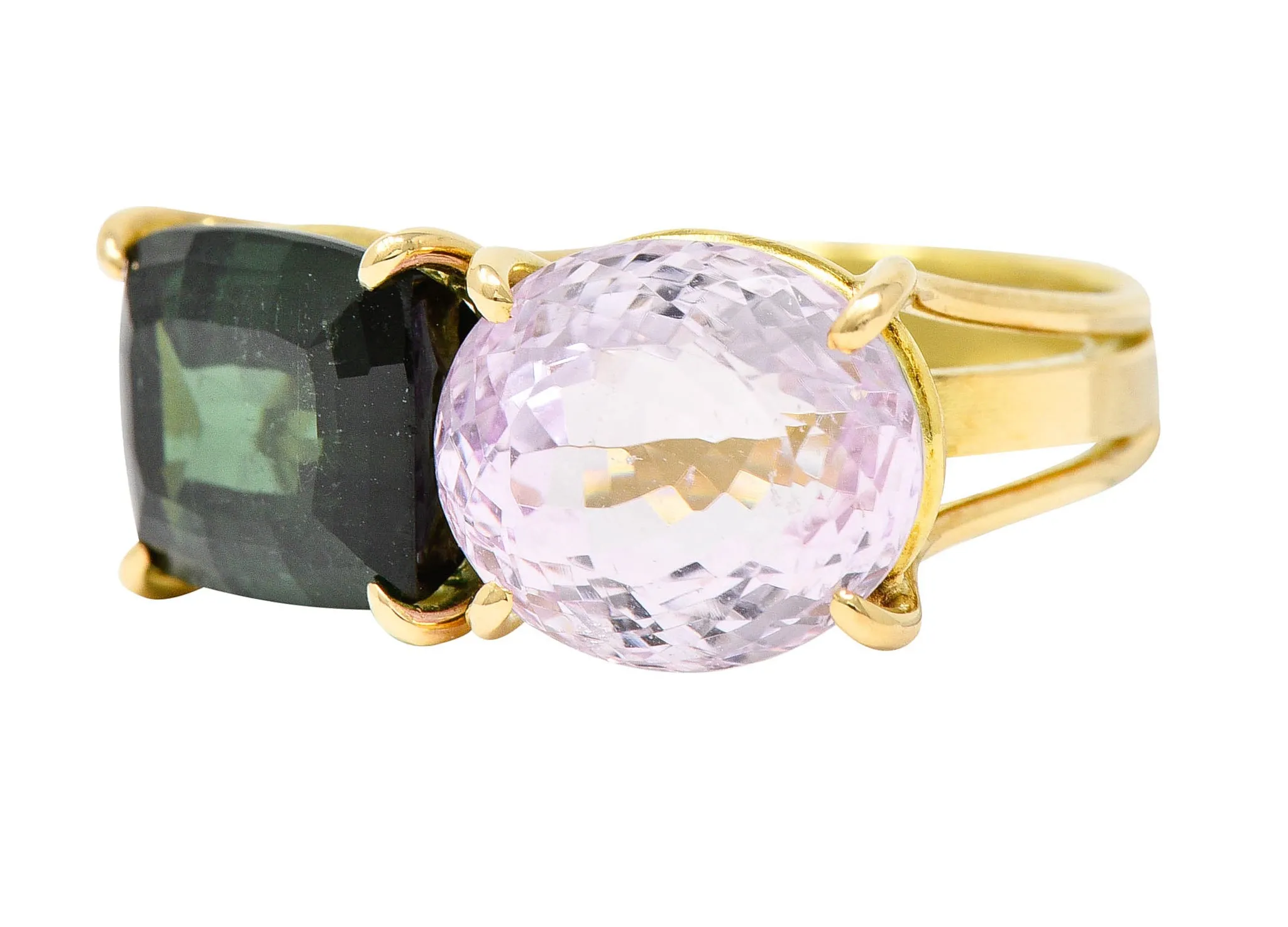 Green Tourmaline Kunzite 14 Karat Gold Double Gemstone Ring