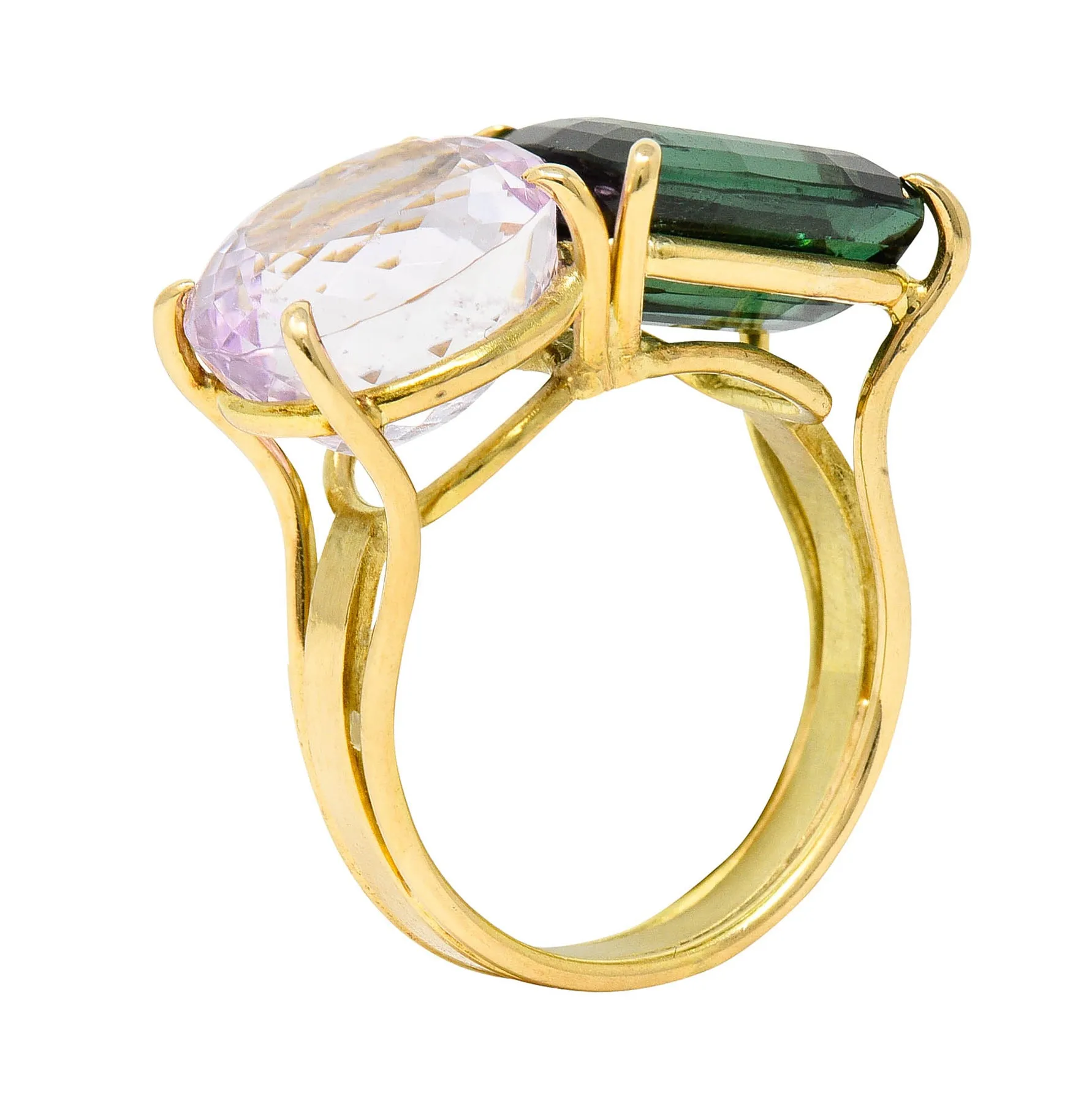 Green Tourmaline Kunzite 14 Karat Gold Double Gemstone Ring