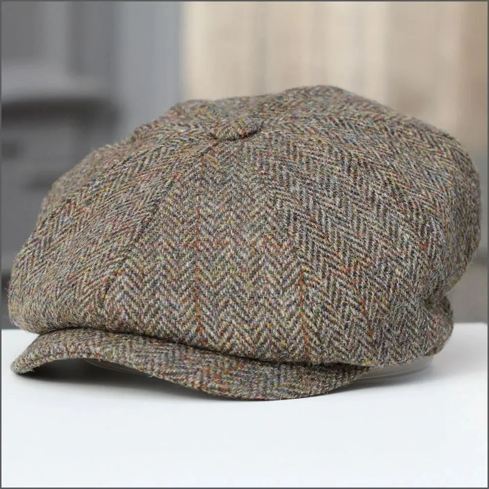 Harris Tweed Carloway 8 Piece Brown Herringbone Cap^^