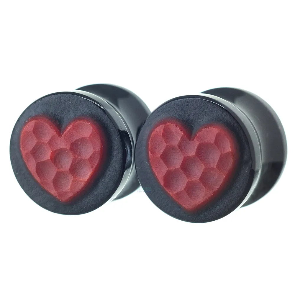 Heart Glass Plugs - Red Martele on Black