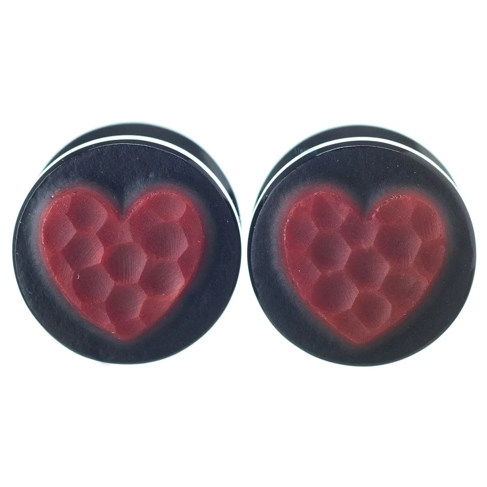 Heart Glass Plugs - Red Martele on Black