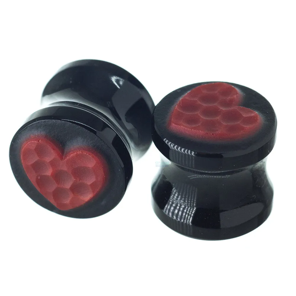 Heart Glass Plugs - Red Martele on Black