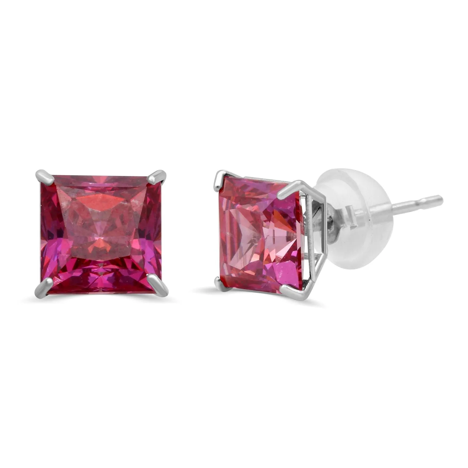 Jewelili 10K White Gold 6 MM Red Cubic Zirconia Square Shape Stud Earrings