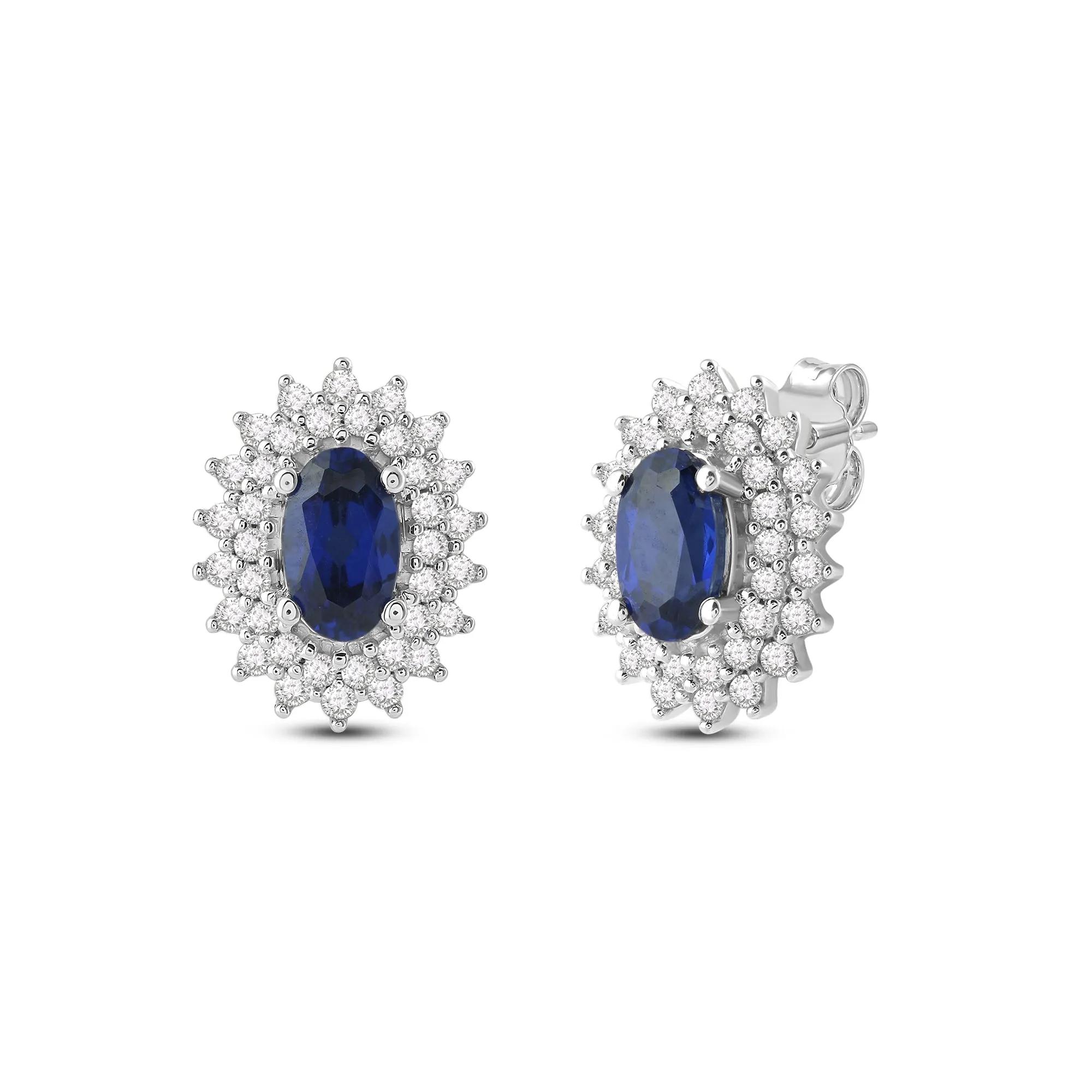 Jewelili 10K White Gold with Created Blue Sapphire and 1/4 CTTW Diamonds Halo Stud Earrings