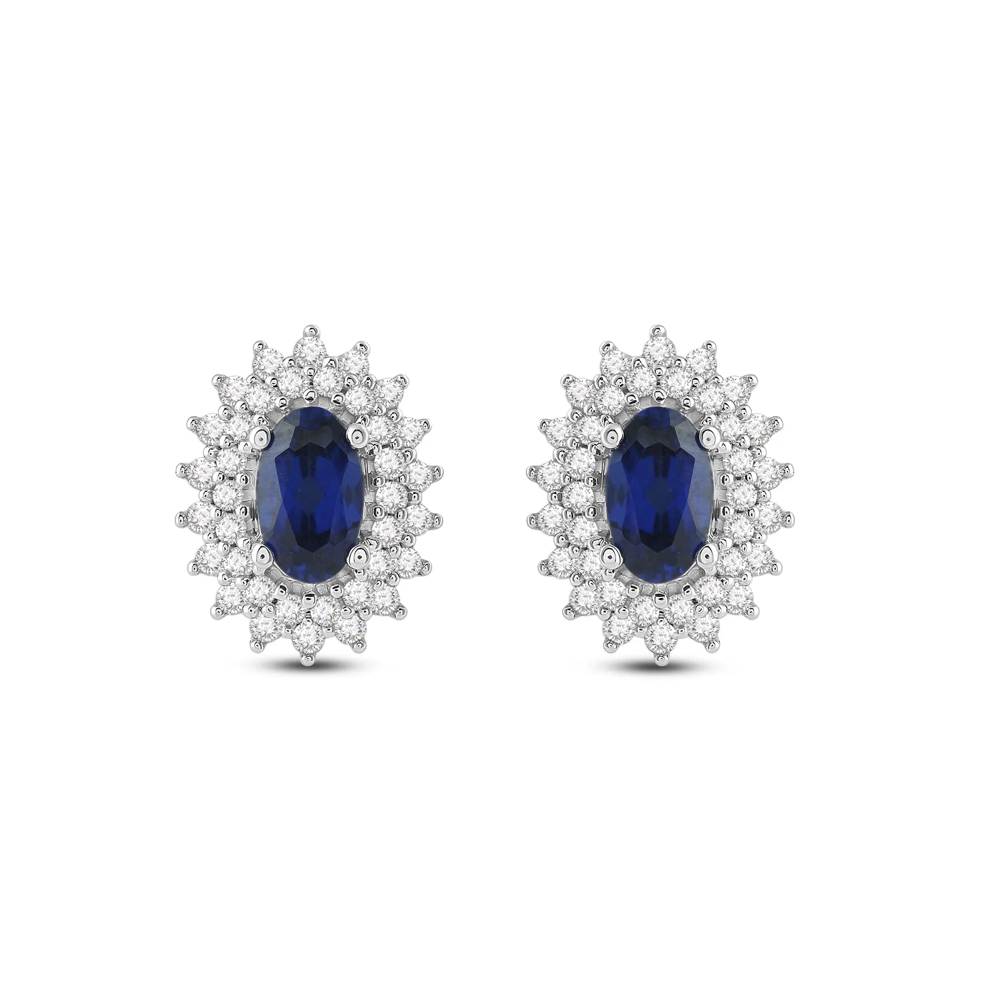 Jewelili 10K White Gold with Created Blue Sapphire and 1/4 CTTW Diamonds Halo Stud Earrings