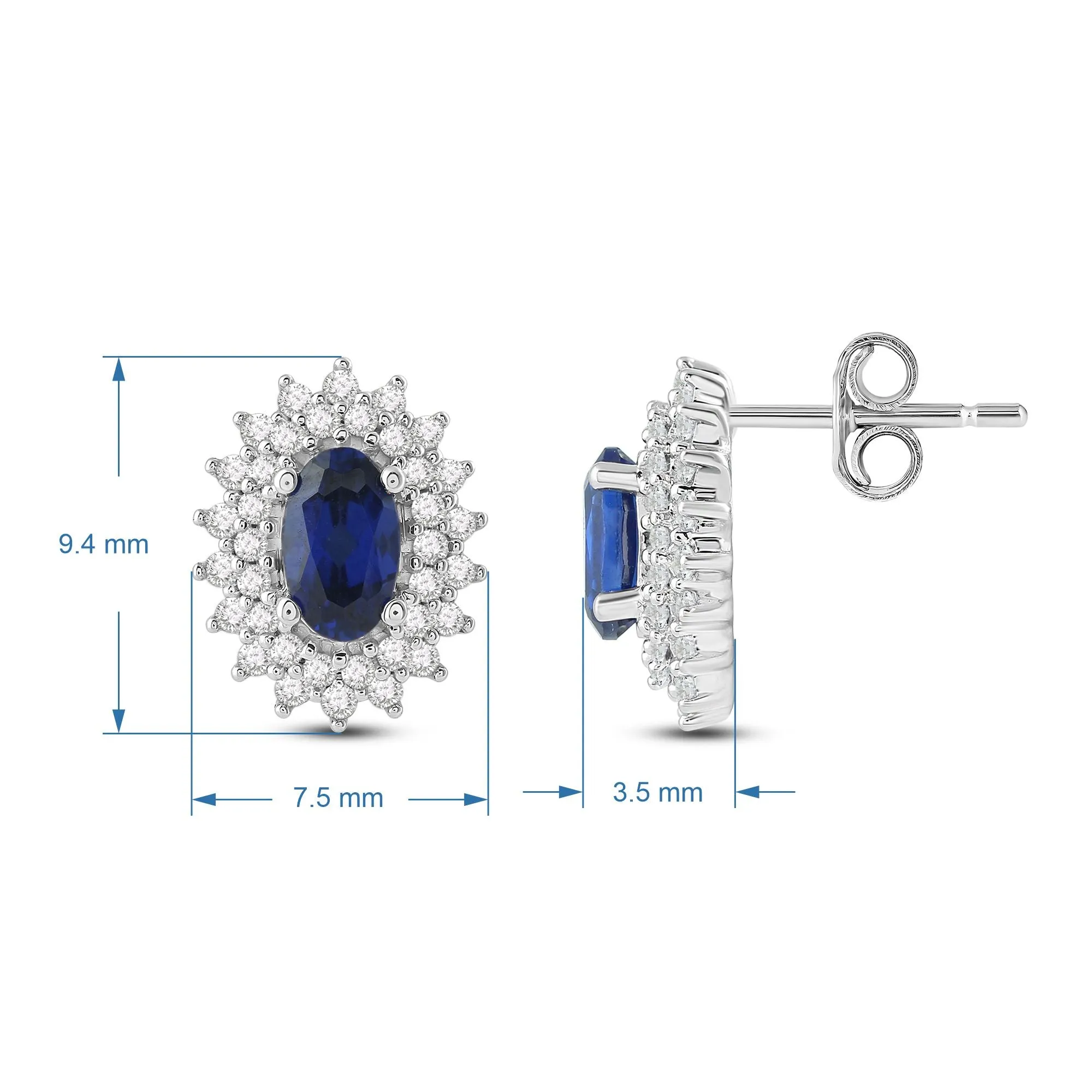 Jewelili 10K White Gold with Created Blue Sapphire and 1/4 CTTW Diamonds Halo Stud Earrings