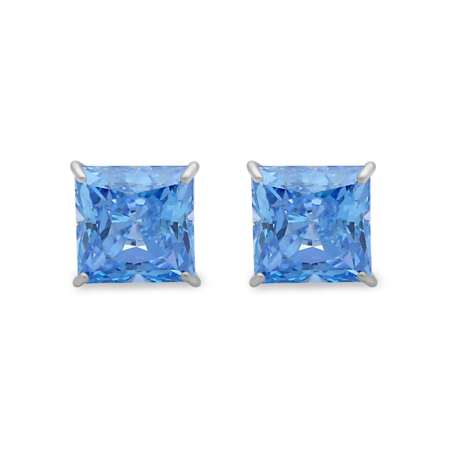 Jewelili 10K Yellow Gold With Princess Cut Blue Cubic Zirconia Stud Earrings