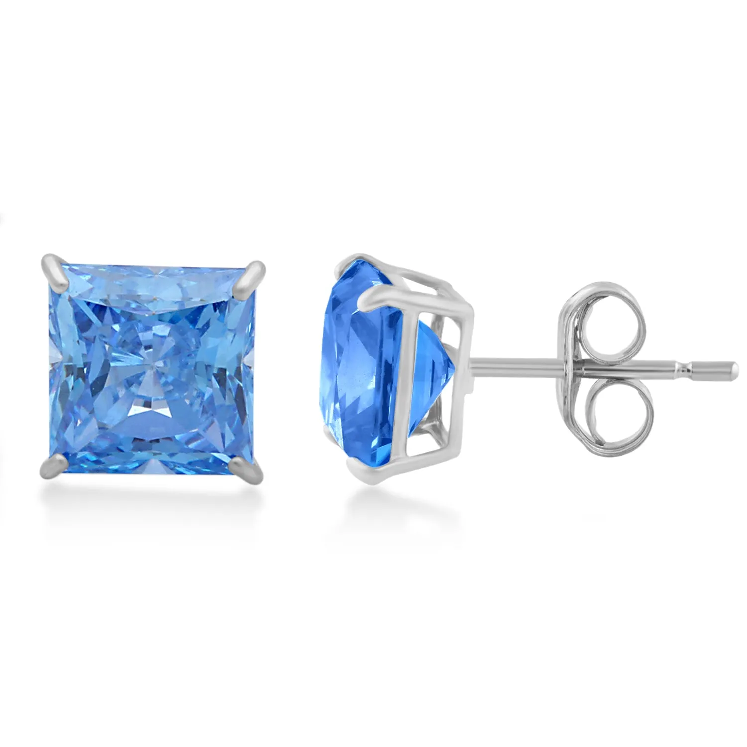 Jewelili 10K Yellow Gold With Princess Cut Blue Cubic Zirconia Stud Earrings