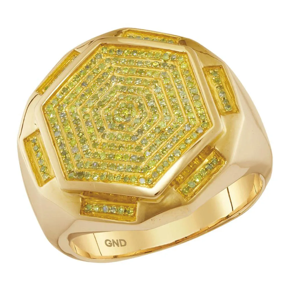 Keene Jewelers 10kt Yellow Gold Mens Round Yellow Color Enhanced Diamond Hexagon Cluster Ring 1/2 Cttw