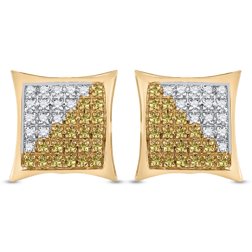 Keene Jewelers 10kt Yellow Gold Mens Round Yellow Color Enhanced Diamond Square Cluster Earrings 1/4 Cttw