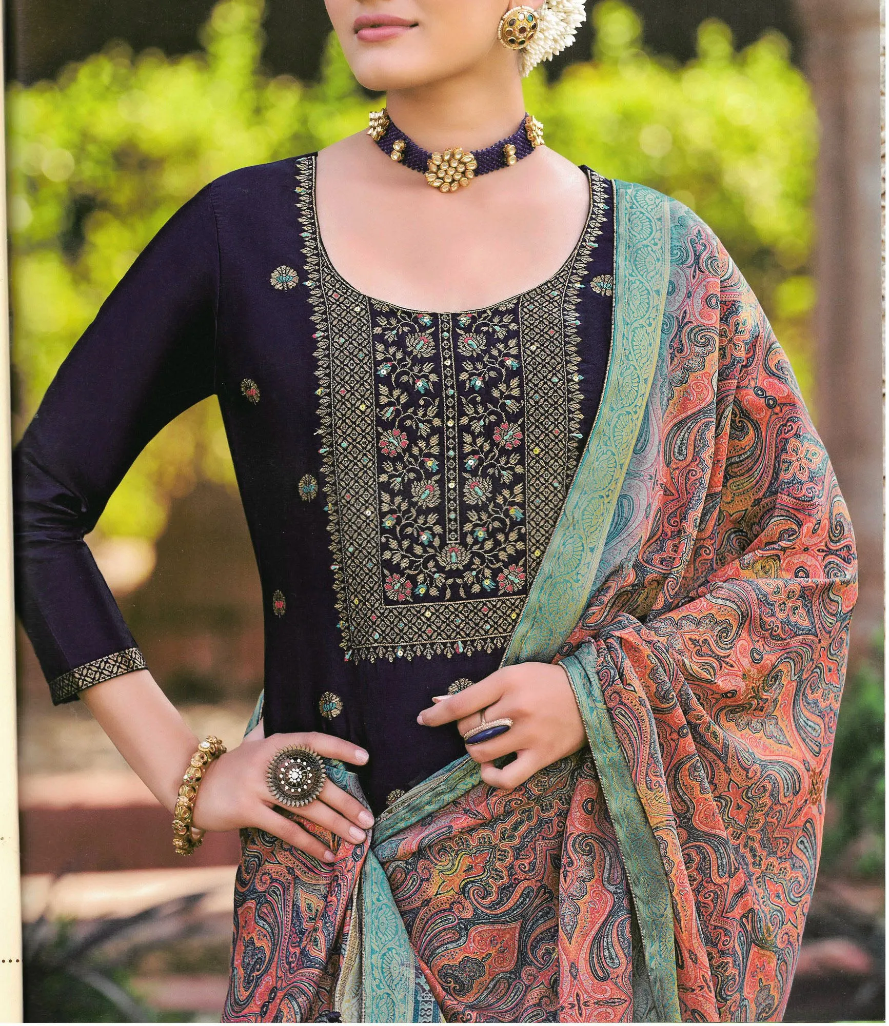 Ladyline Formal Brocade Silk Handwork Long Salwar Kameez with Paisley Printed Banarasi Dupatta