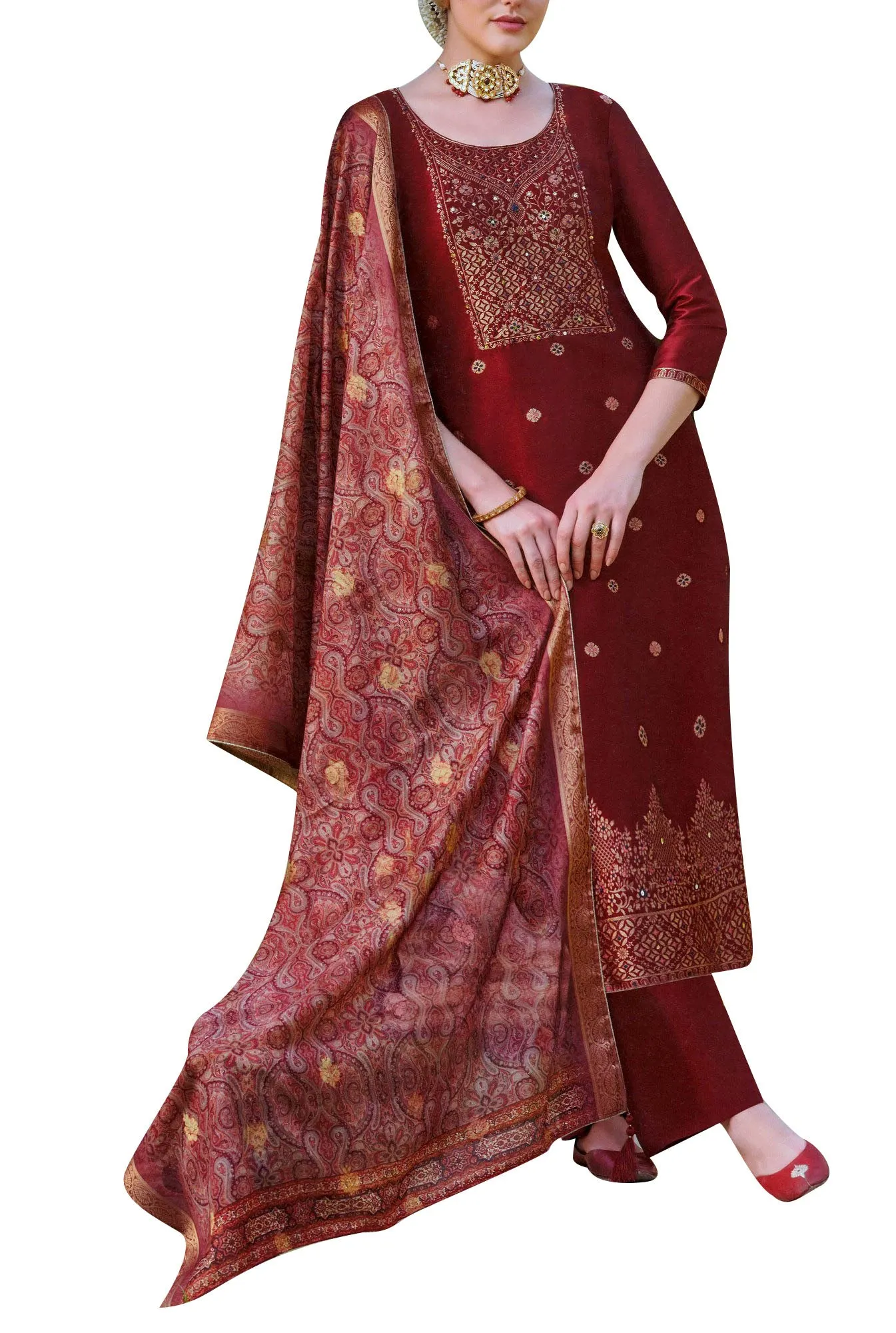 Ladyline Formal Brocade Silk Handwork Long Salwar Kameez with Paisley Printed Banarasi Dupatta