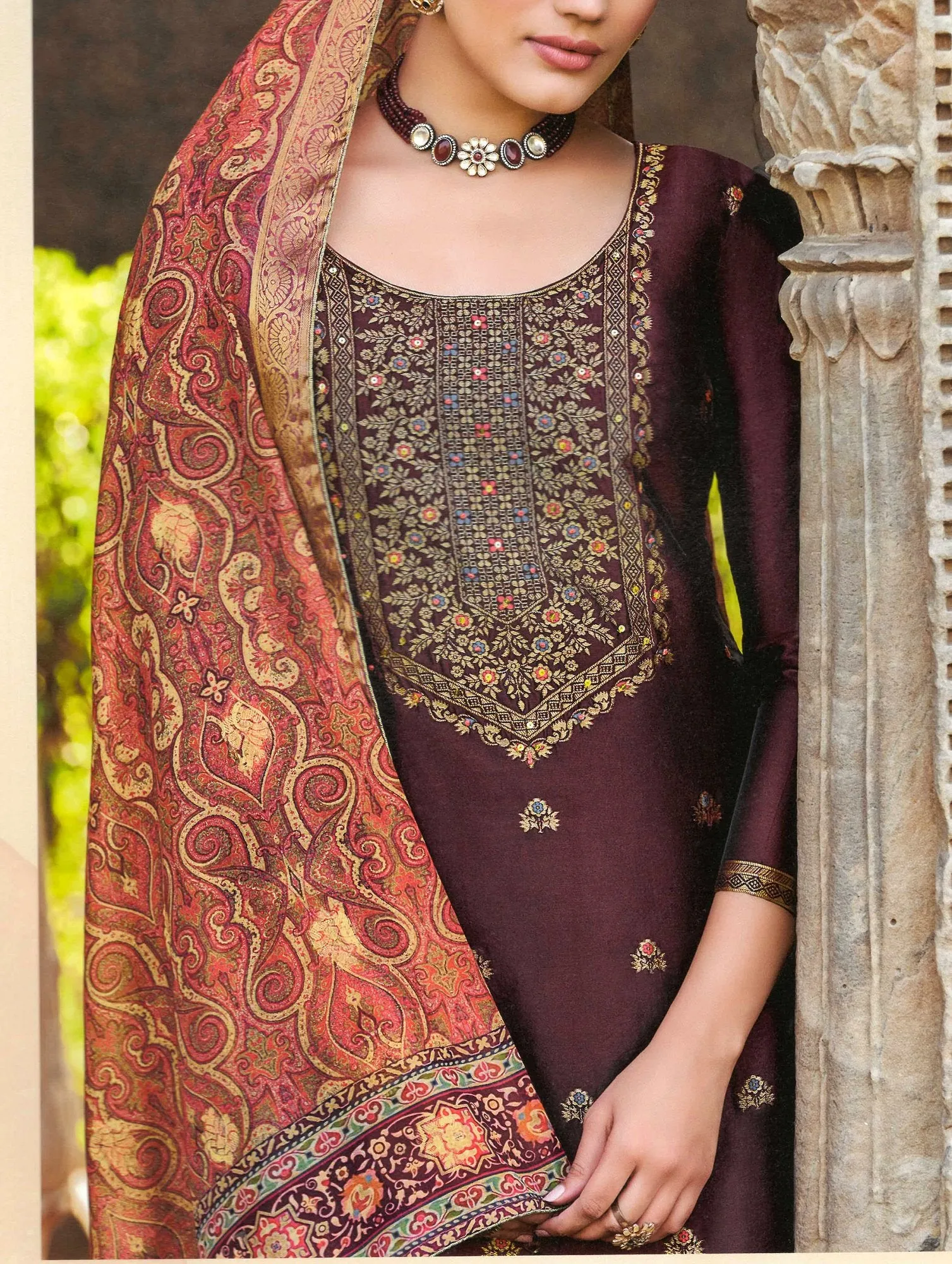 Ladyline Formal Brocade Silk Handwork Long Salwar Kameez with Paisley Printed Banarasi Dupatta