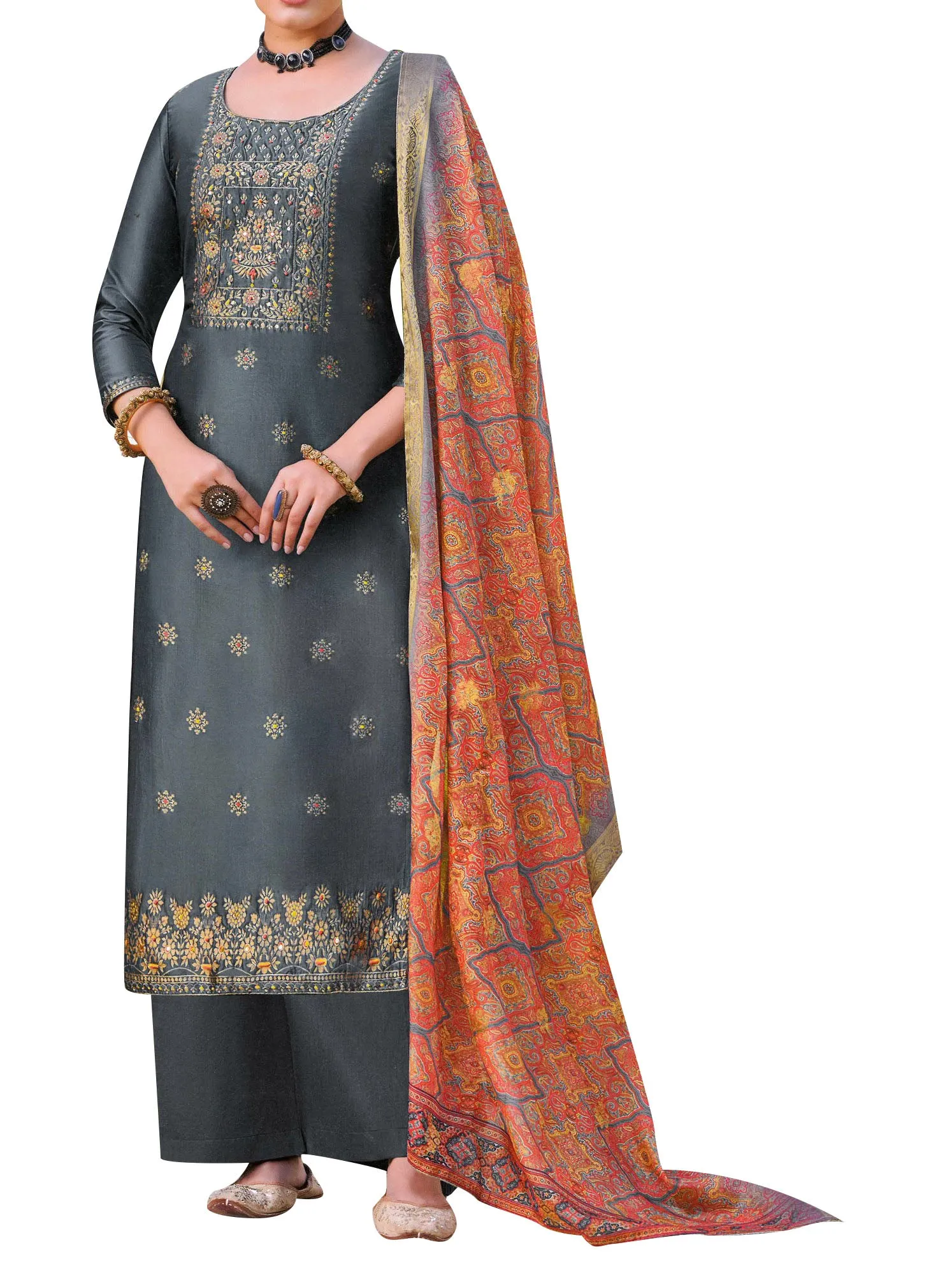 Ladyline Formal Brocade Silk Handwork Long Salwar Kameez with Paisley Printed Banarasi Dupatta