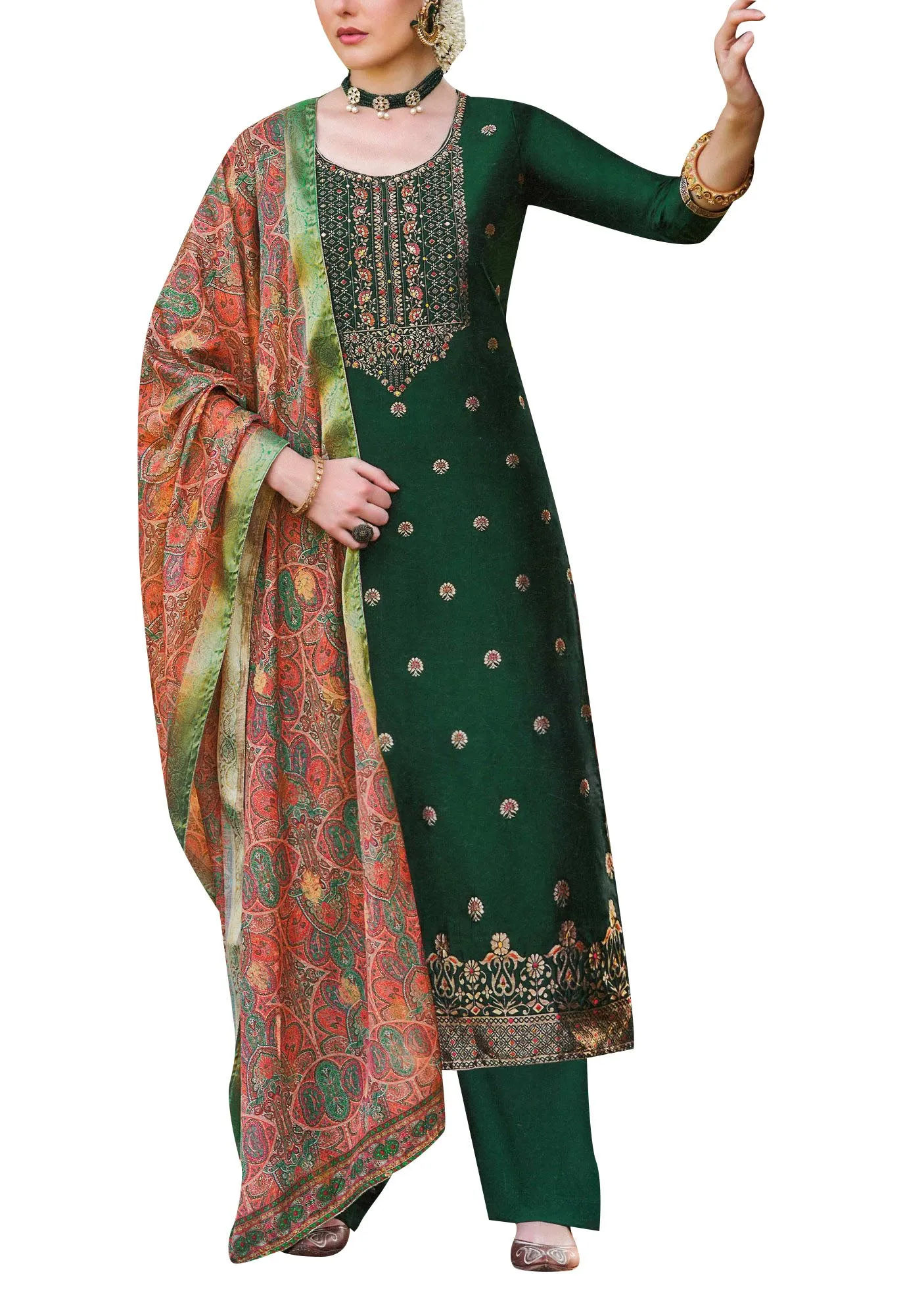 Ladyline Formal Brocade Silk Handwork Long Salwar Kameez with Paisley Printed Banarasi Dupatta