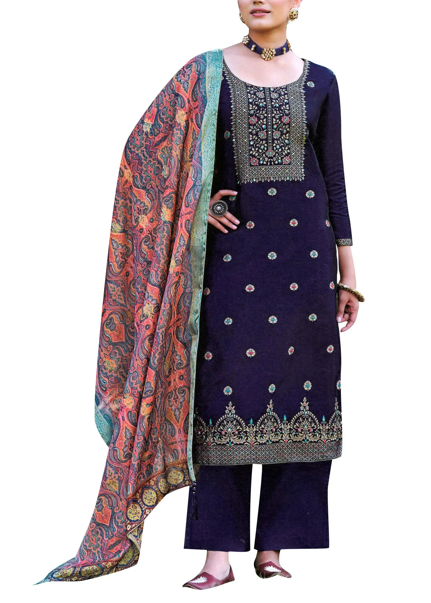 Ladyline Formal Brocade Silk Handwork Long Salwar Kameez with Paisley Printed Banarasi Dupatta