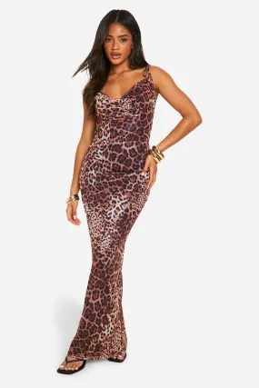 Leopard Cowl Neck Mesh Maxi Dress