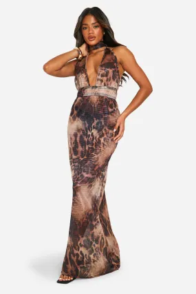 Leopard Crinkle Mesh Plunge Maxi Dress