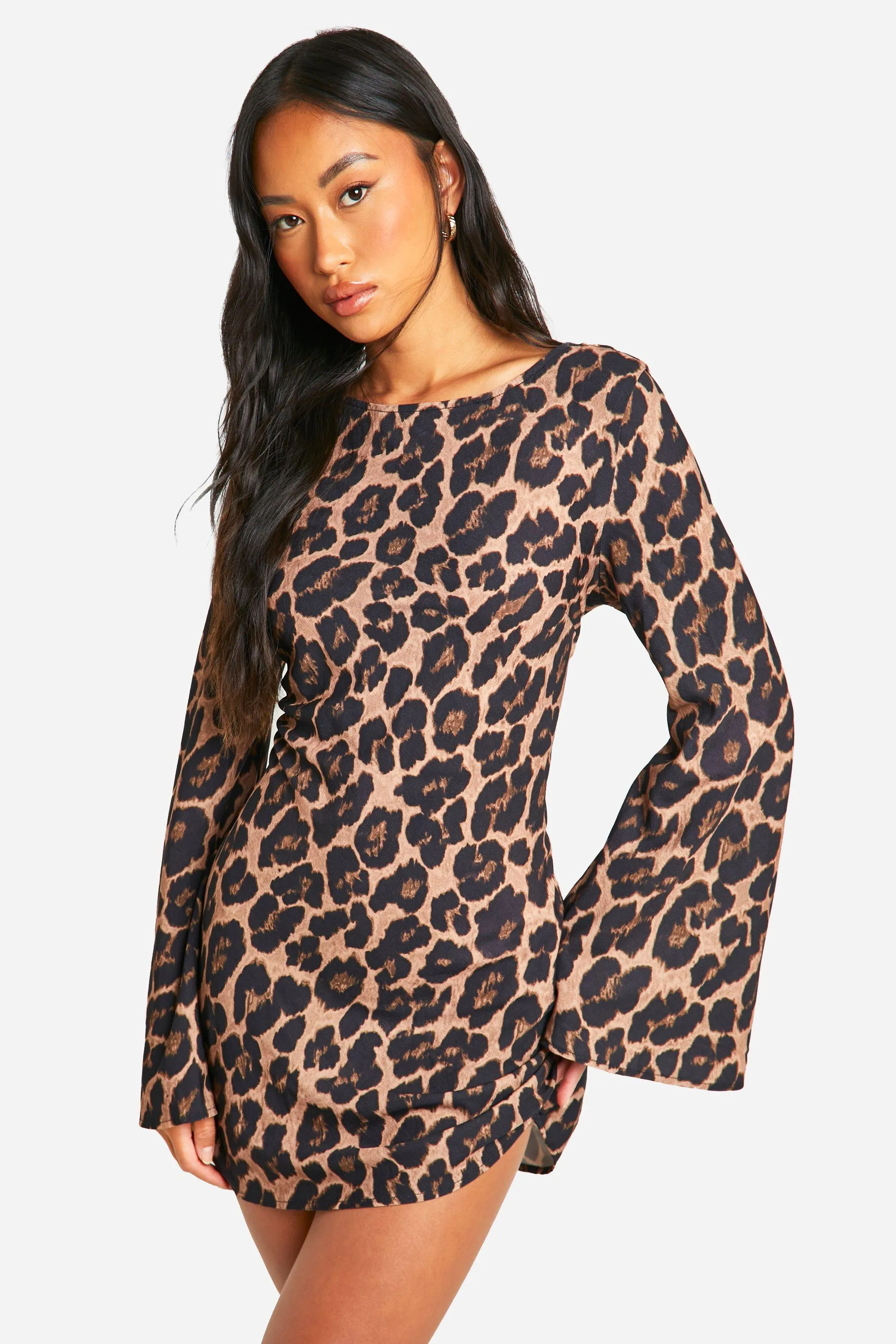 Leopard Low Back Flare Sleeve Dress