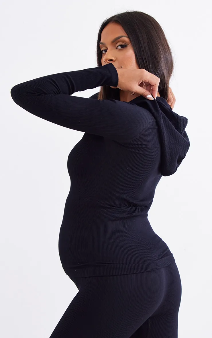 Maternity Black Contour Rib Hooded Sport Jacket